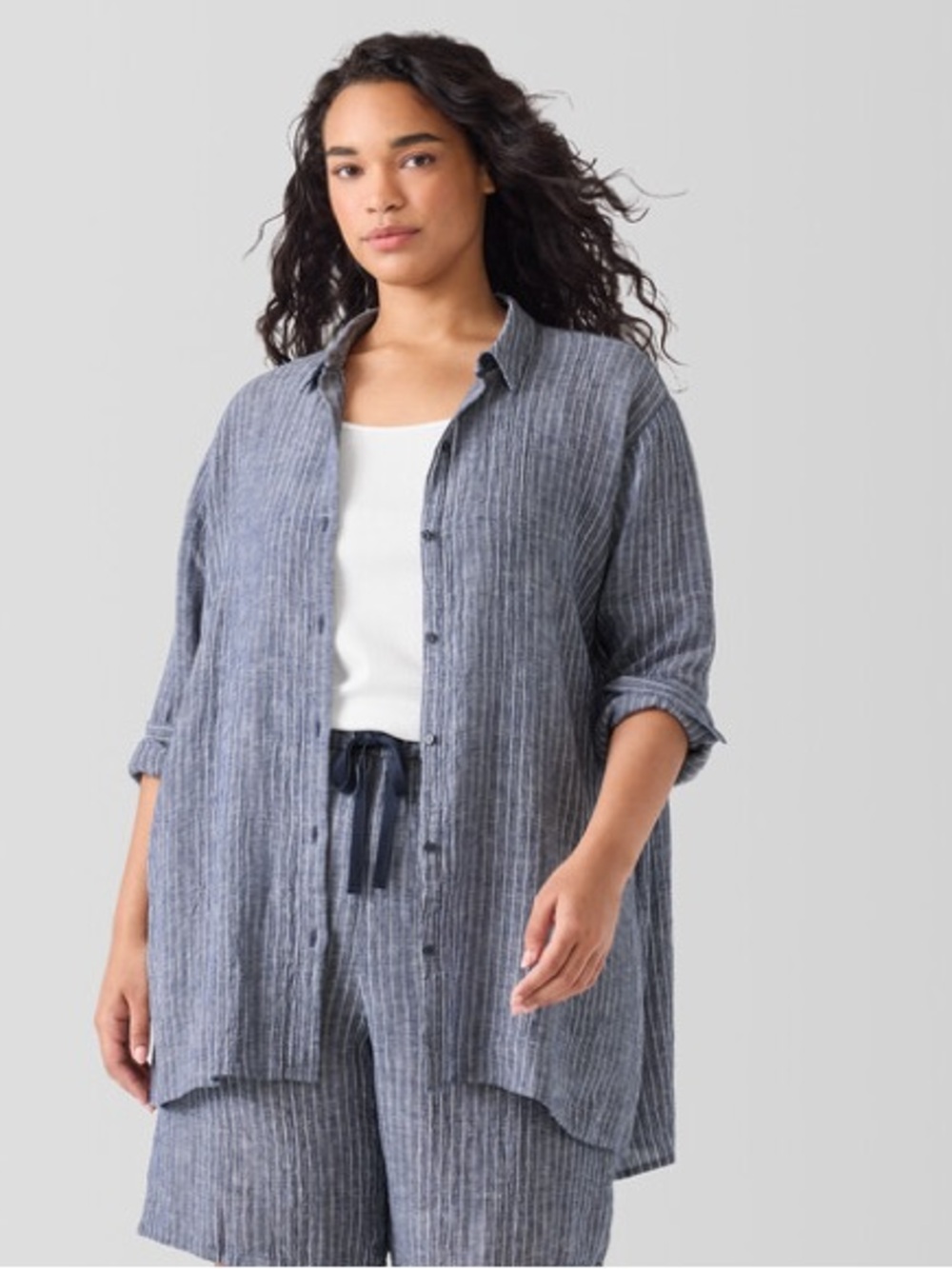 Eileen Fisher Puckered Organic Linen Classic Collar Long Shirt Ocean XL NWT
